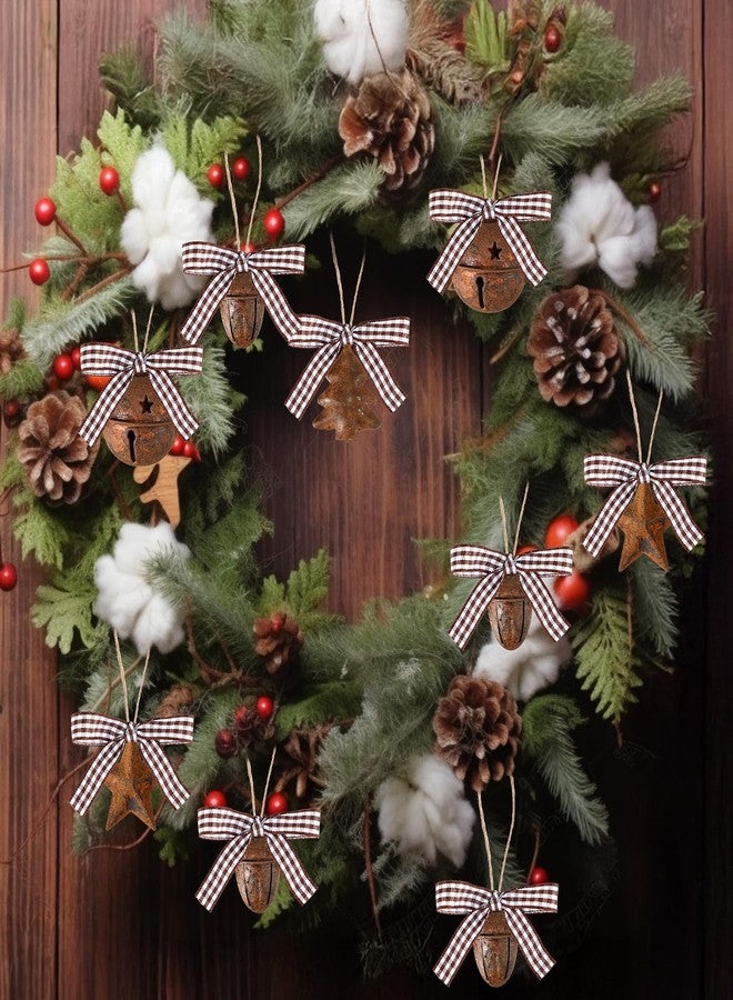 Vertintong 80 Pcs Christmas Rusty Metal Jingle Bells Kit Includes 25 Retro Rusty Bells 25 Rustic Metal Star 15 Country Acorn 10 Christmas Tree Bell with Jute Rope Ribbon Xmas Wreath Holiday Decoration - Image 5